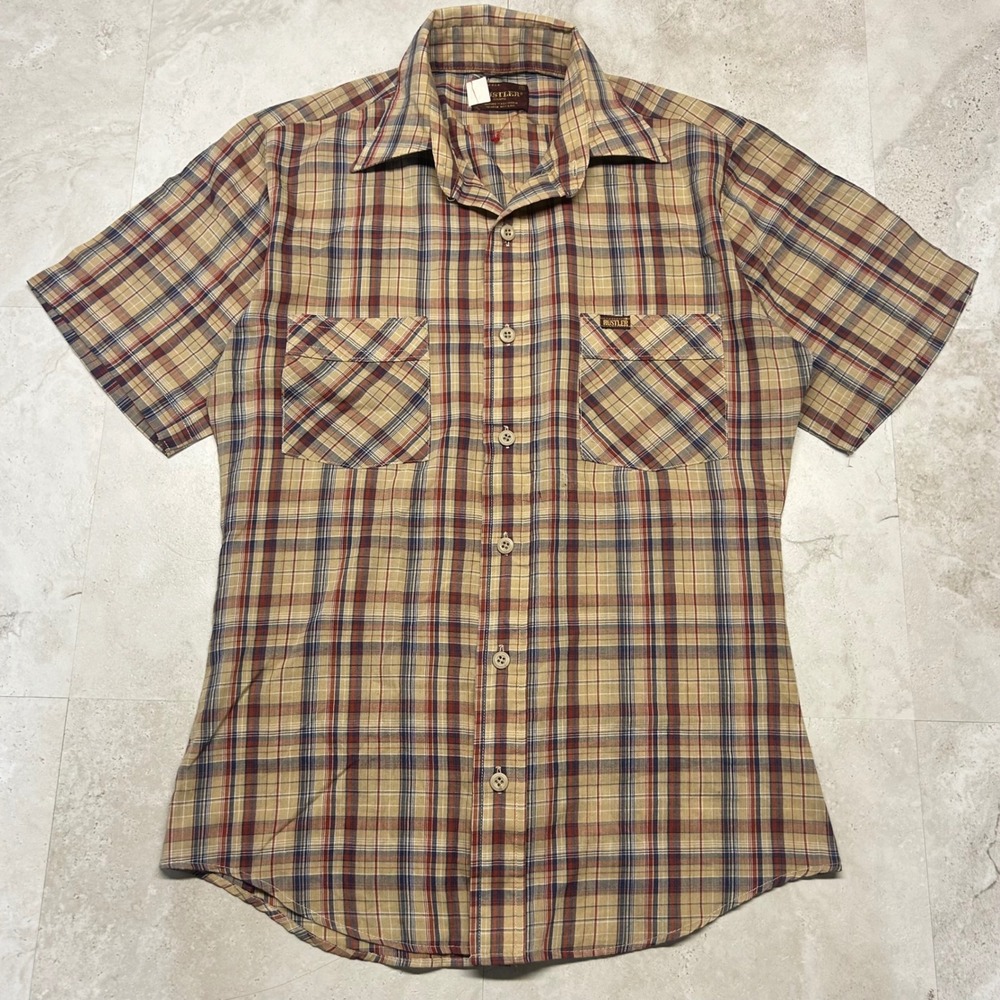 Rustler Plaid Button Down Shirt Tan Red Mens Small Vintage Short Sleeve Workwear